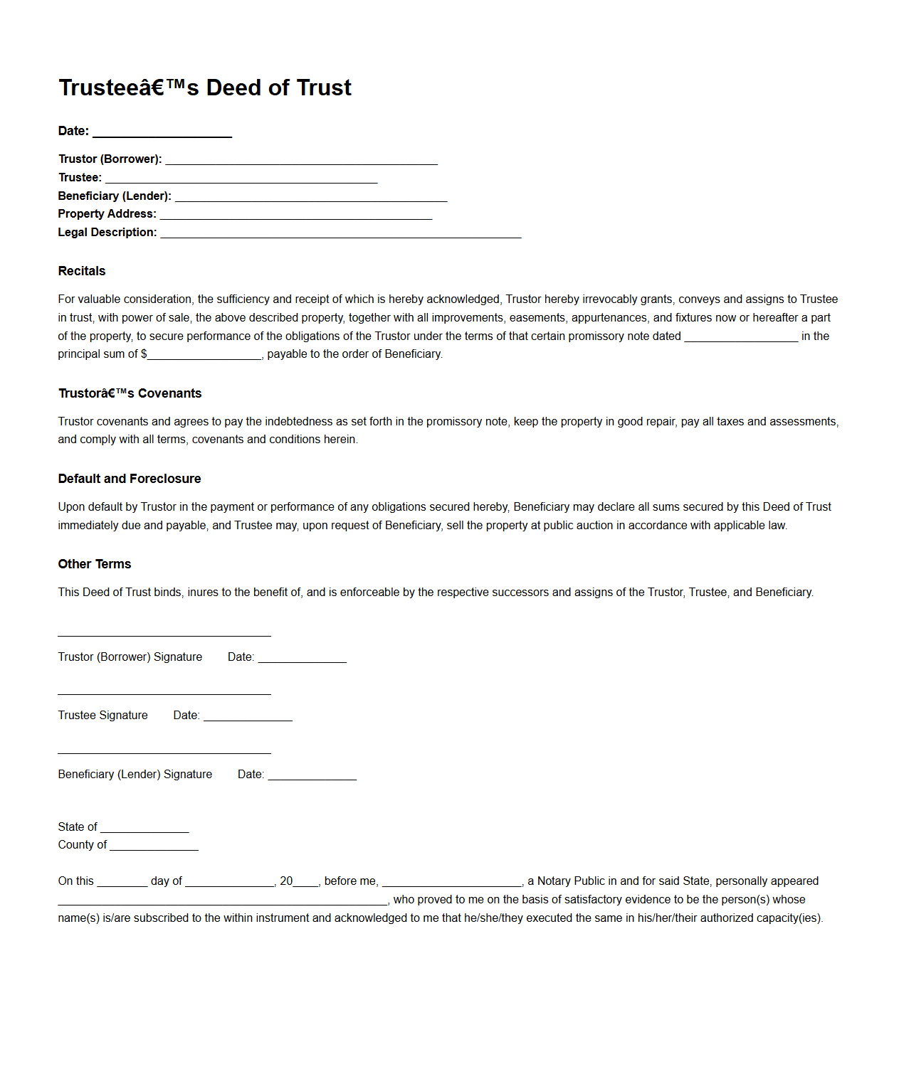 Trustee’s Deed of Trust Sample for Home Purchase