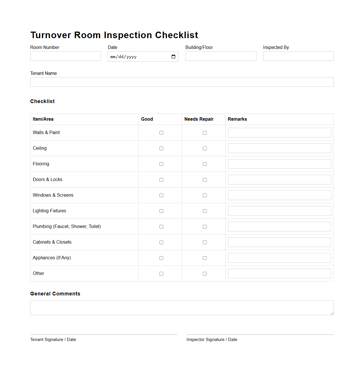 Turnover Room Inspection Checklist Sample