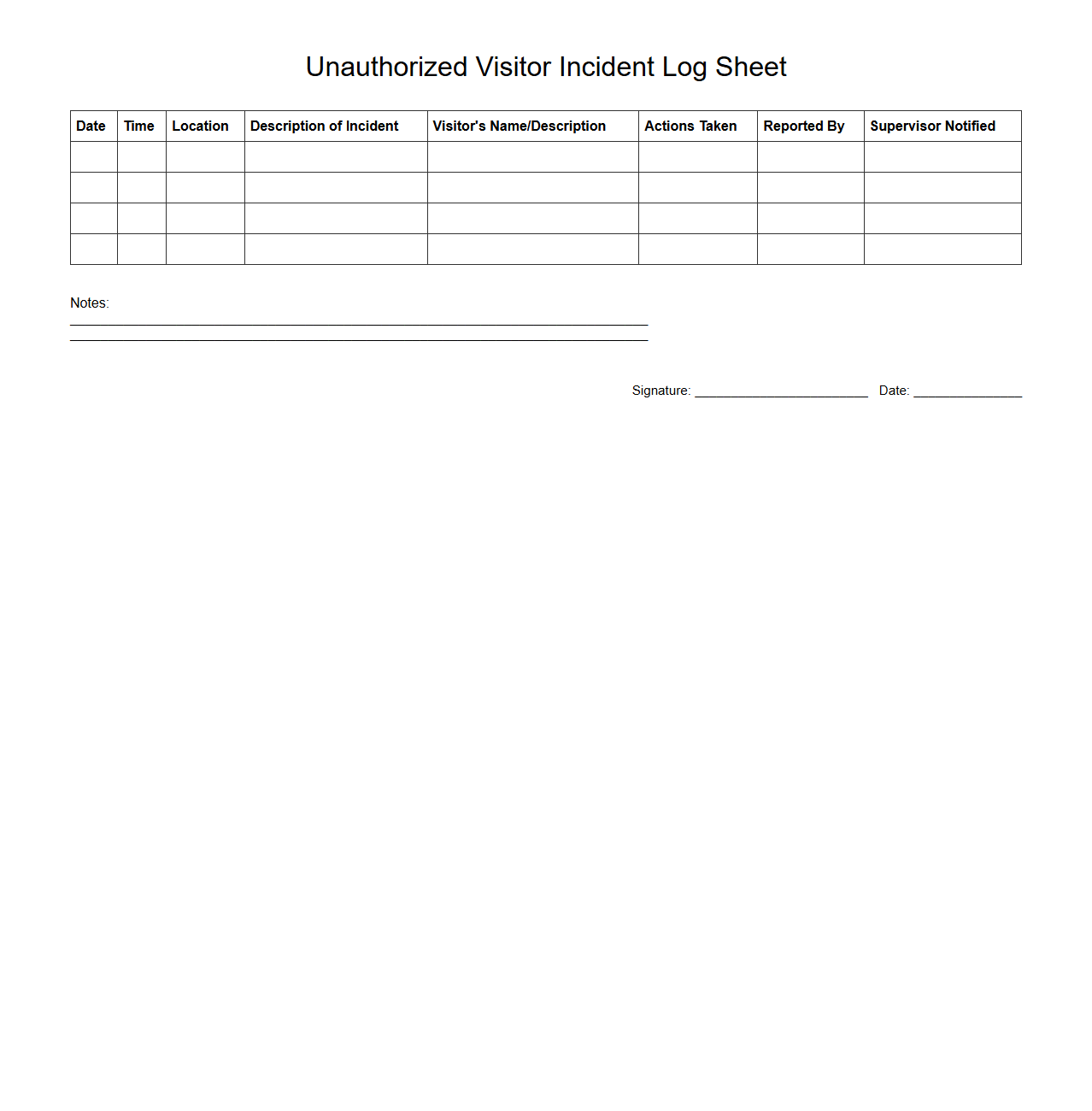 Unauthorized Visitor Incident Log Sheet