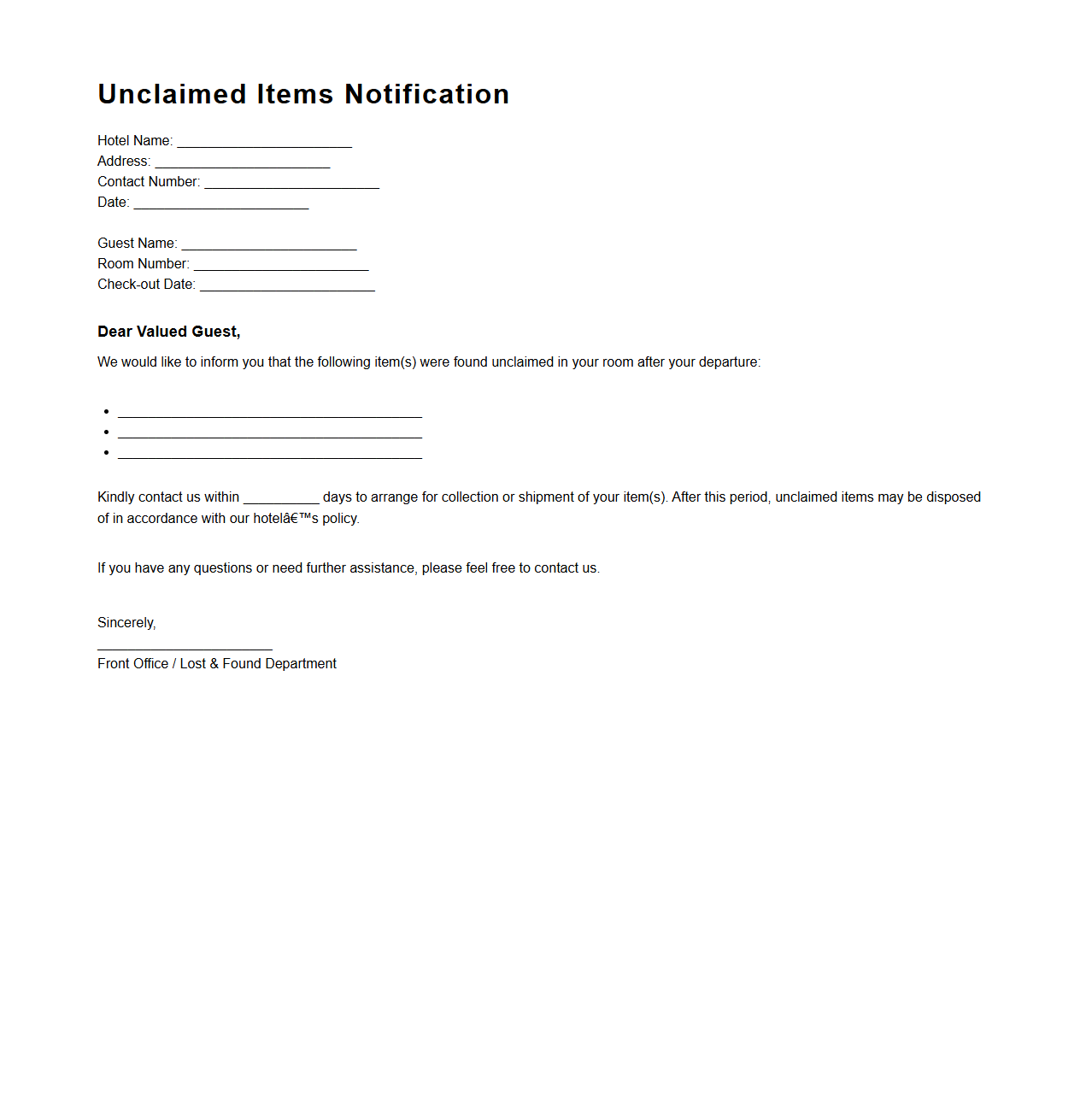 Unclaimed Items Notification Sample for Hotel Guests
