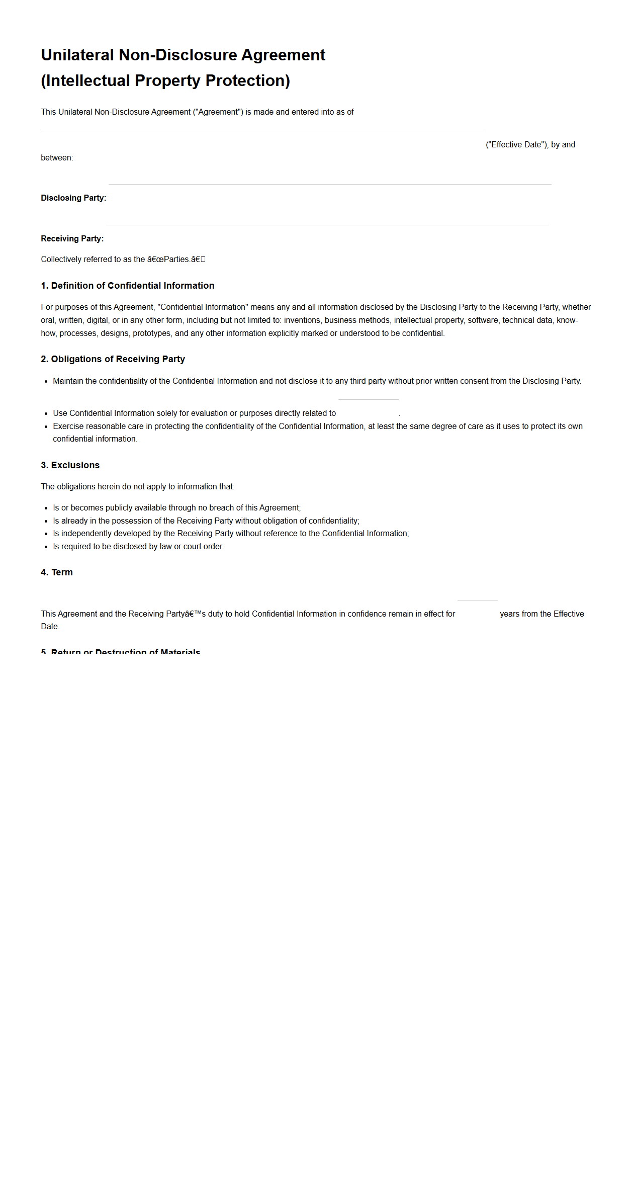 Unilateral NDA Sample for Intellectual Property Protection