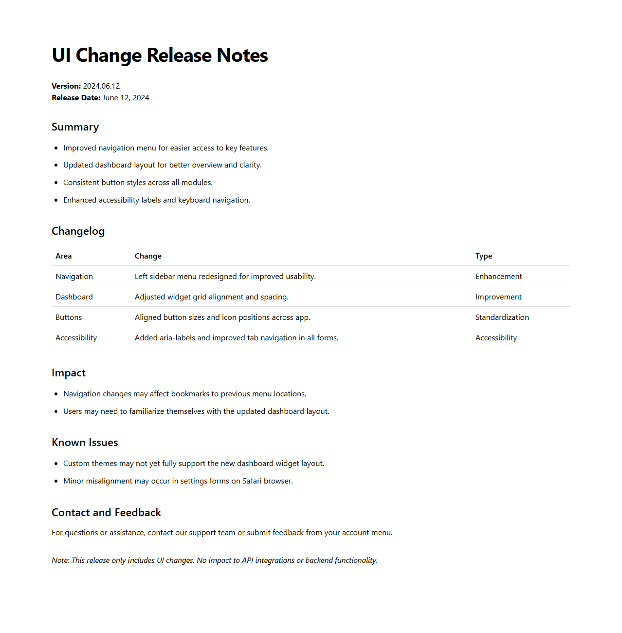 User Interface Change Release Notes Sample for SaaS