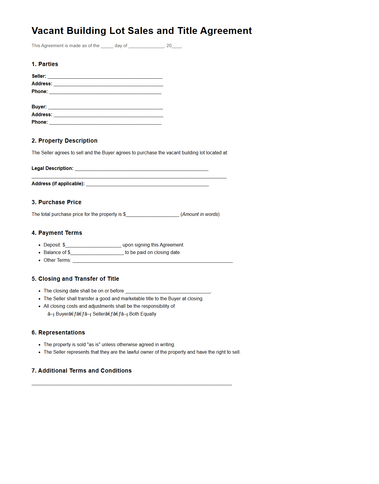 Vacant Building Lot Sales and Title Agreement