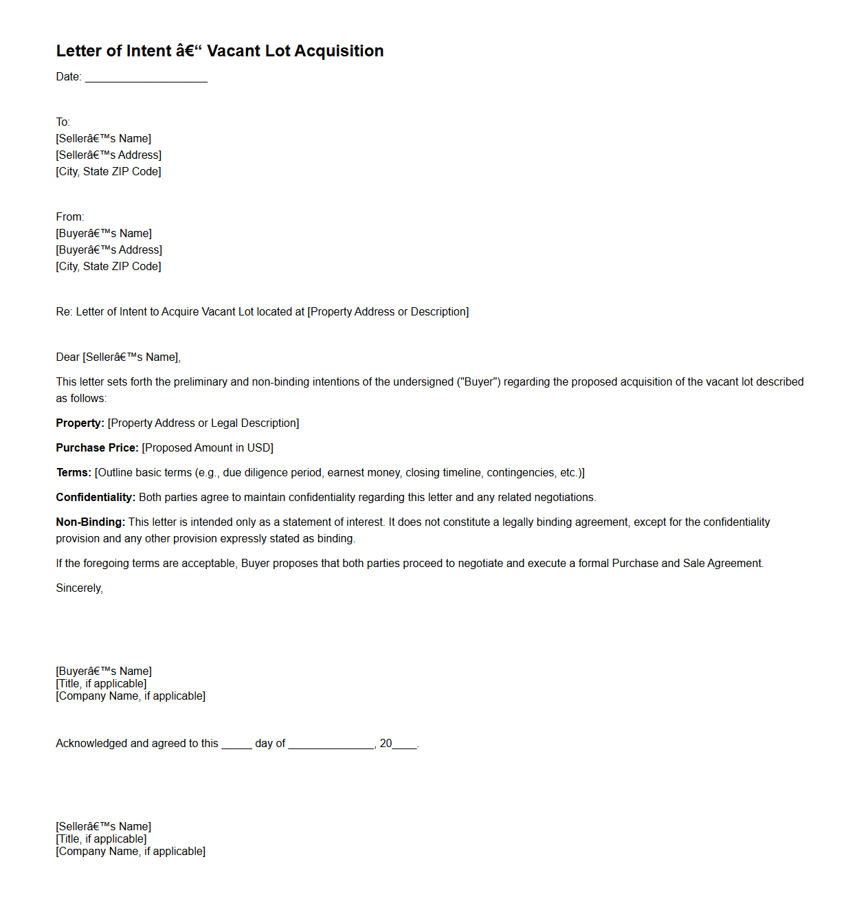 Vacant Lot Acquisition Letter of Intent Example