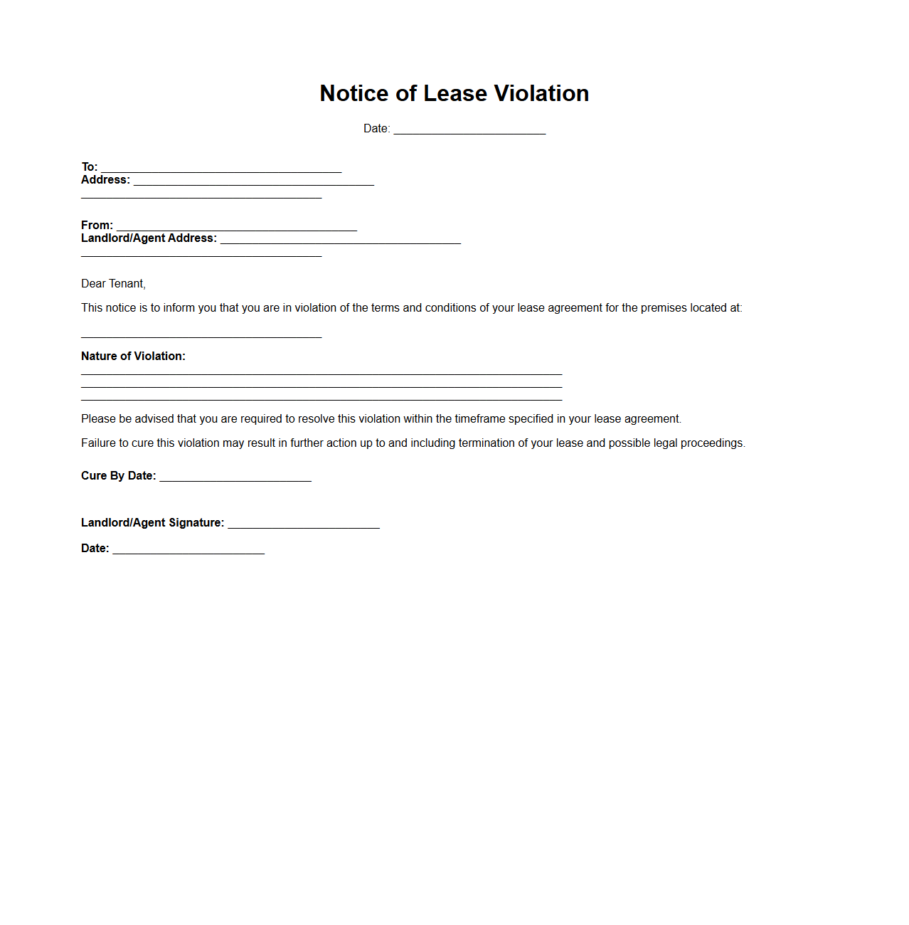 Violation of Lease Notice Sample