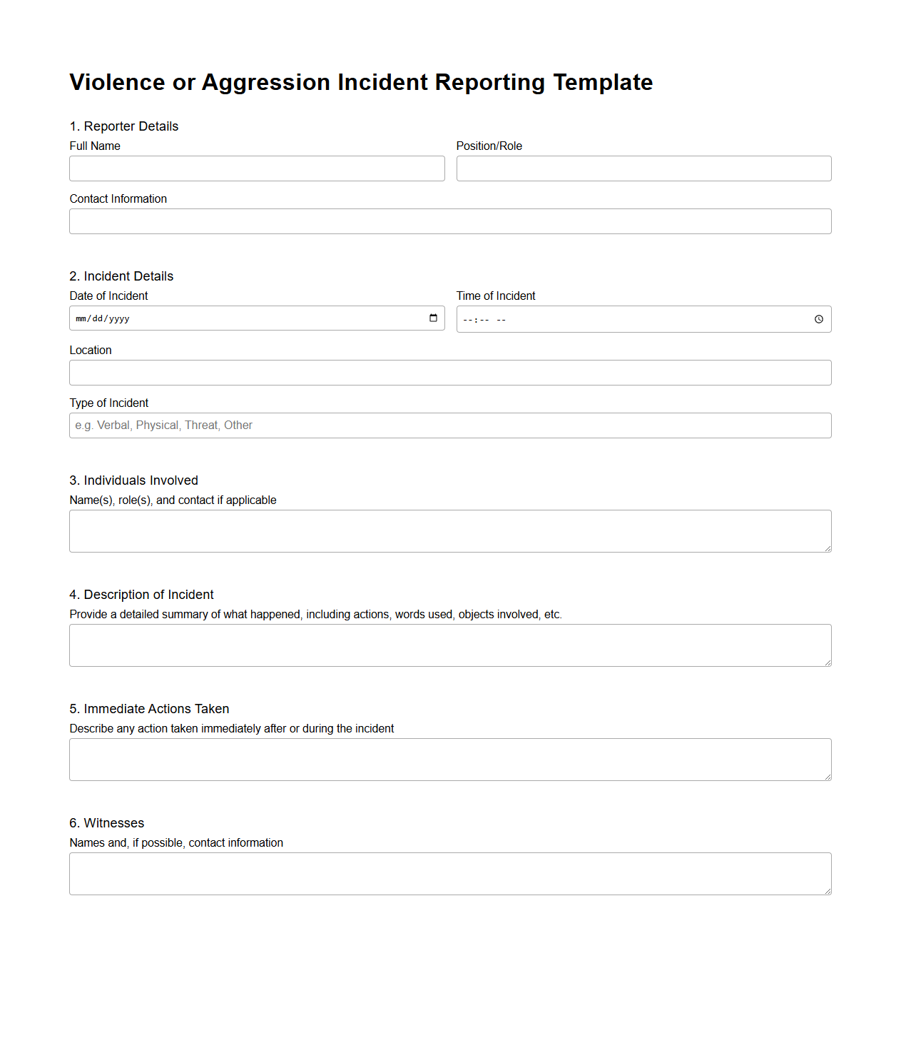 Violence or Aggression Incident Reporting Template