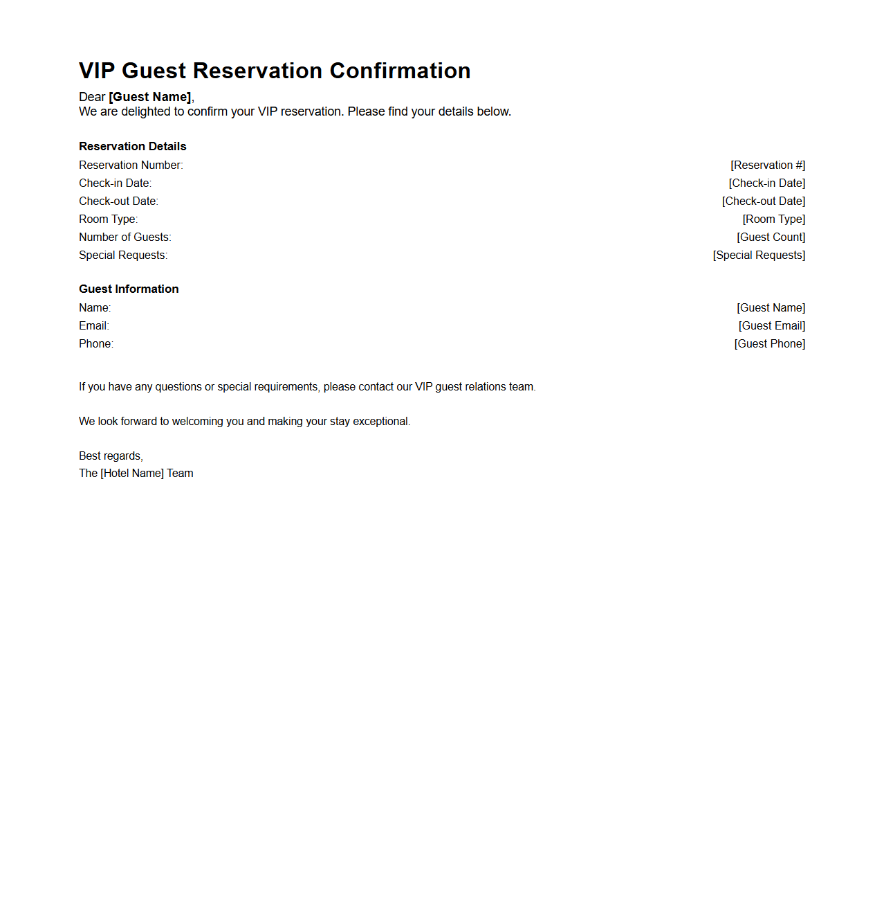 VIP Guest Reservation Confirmation Email Example