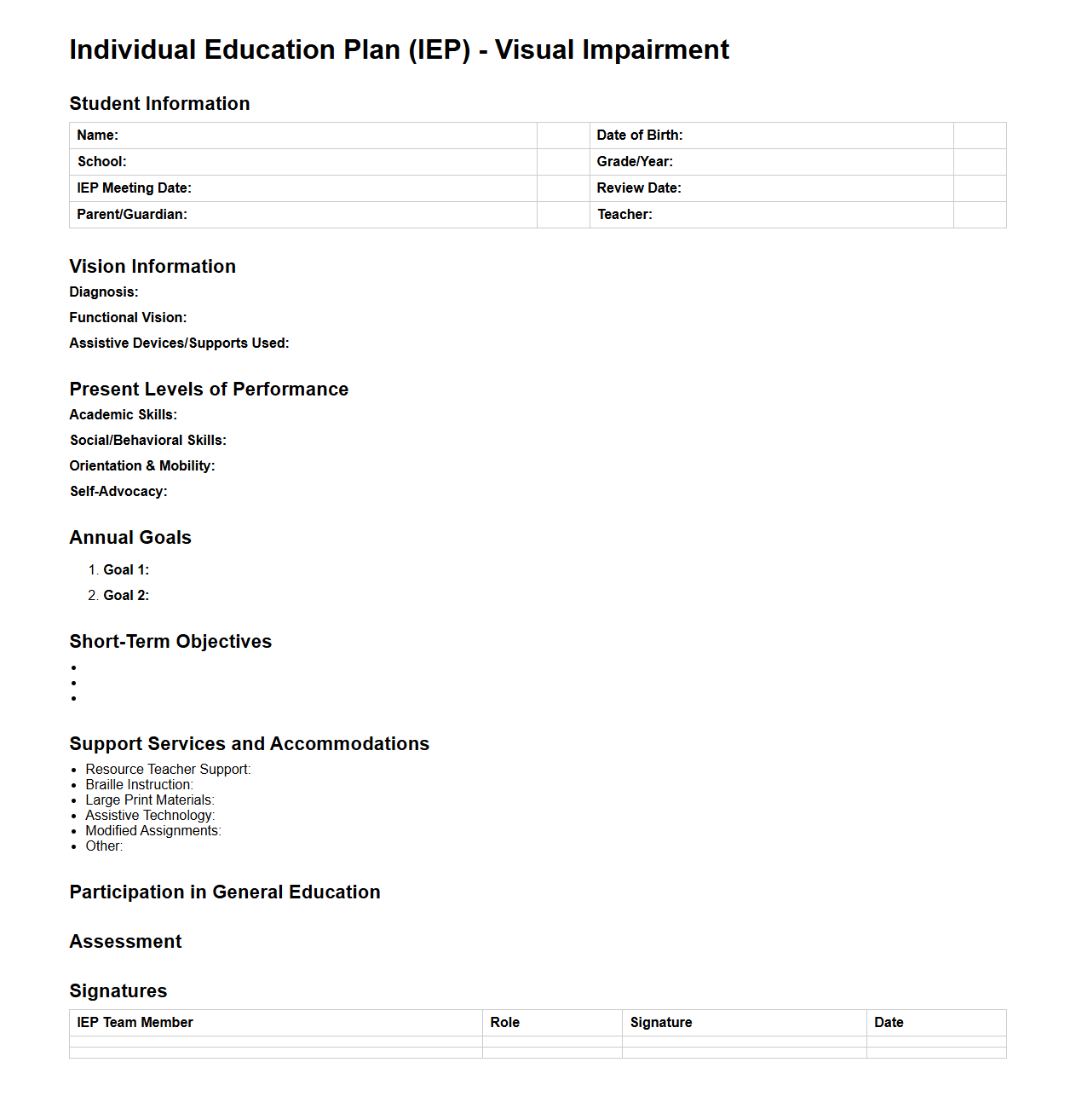 Visual Impairment Individual Education Plan Sample