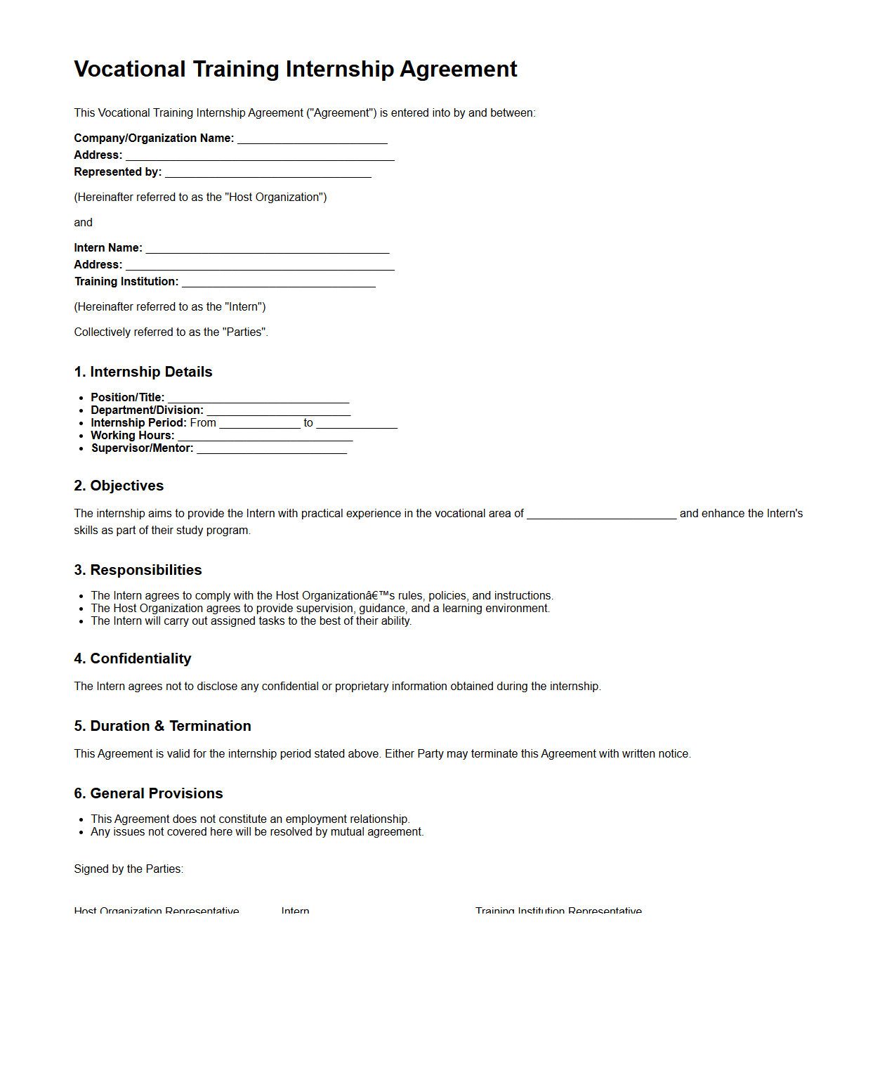 Vocational Training Internship Agreement Template