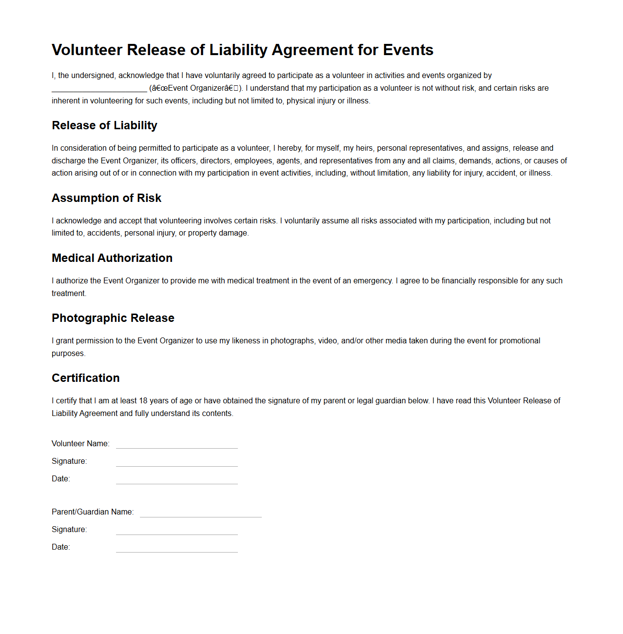 Volunteer Release of Liability Agreement for Events