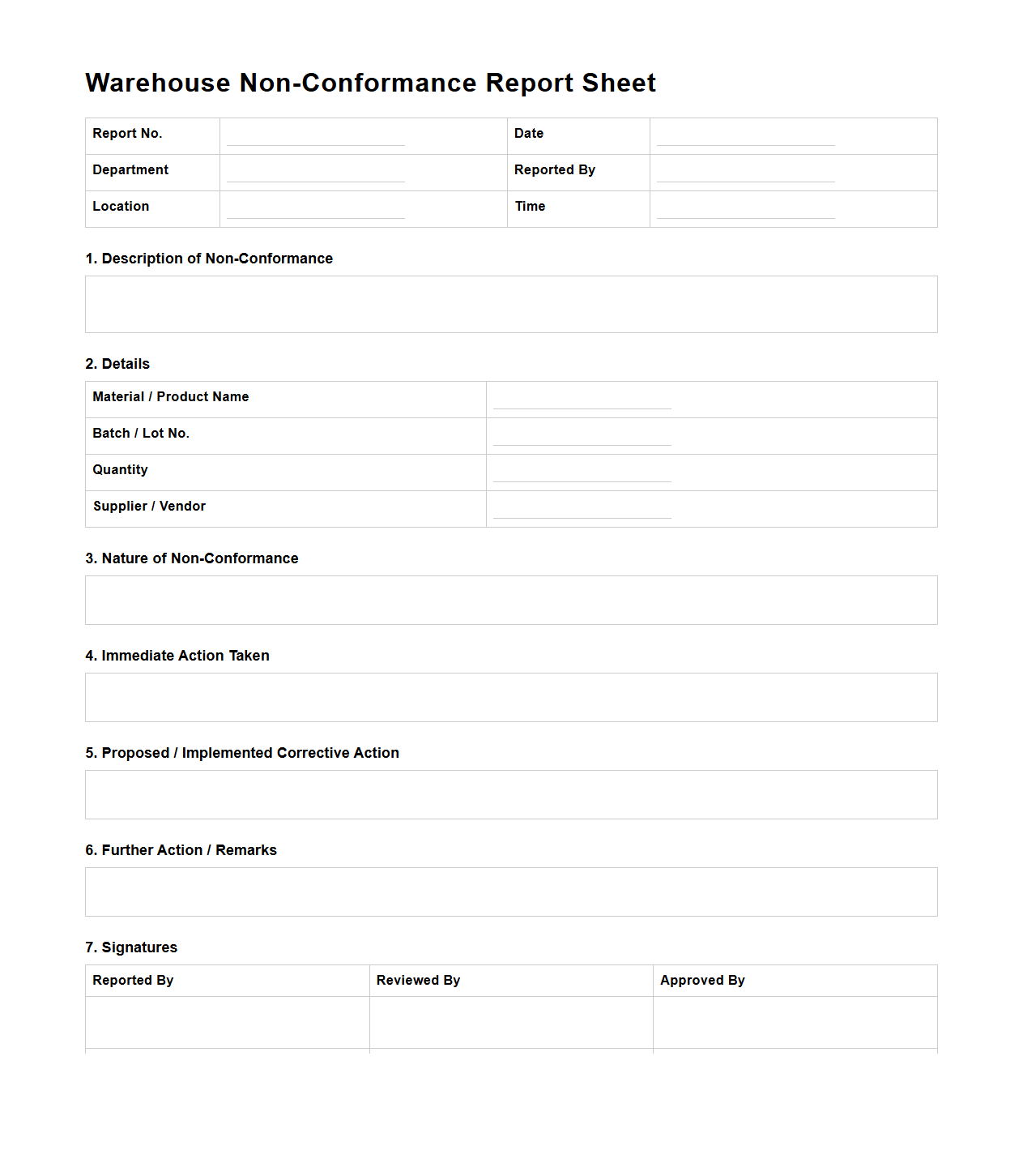 Warehouse Non-Conformance Report Sheet
