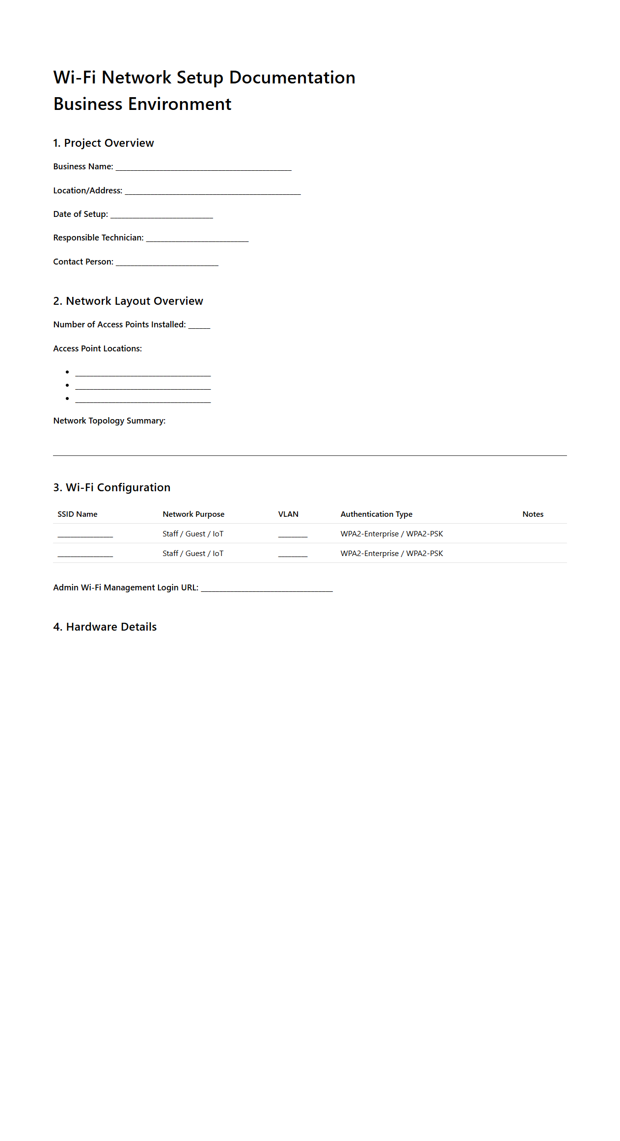 Wi-Fi Network Setup Documentation for Business Environments