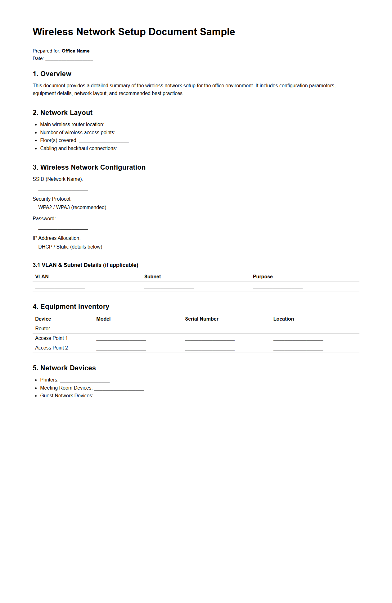 Wireless Network Setup Document Sample for Offices