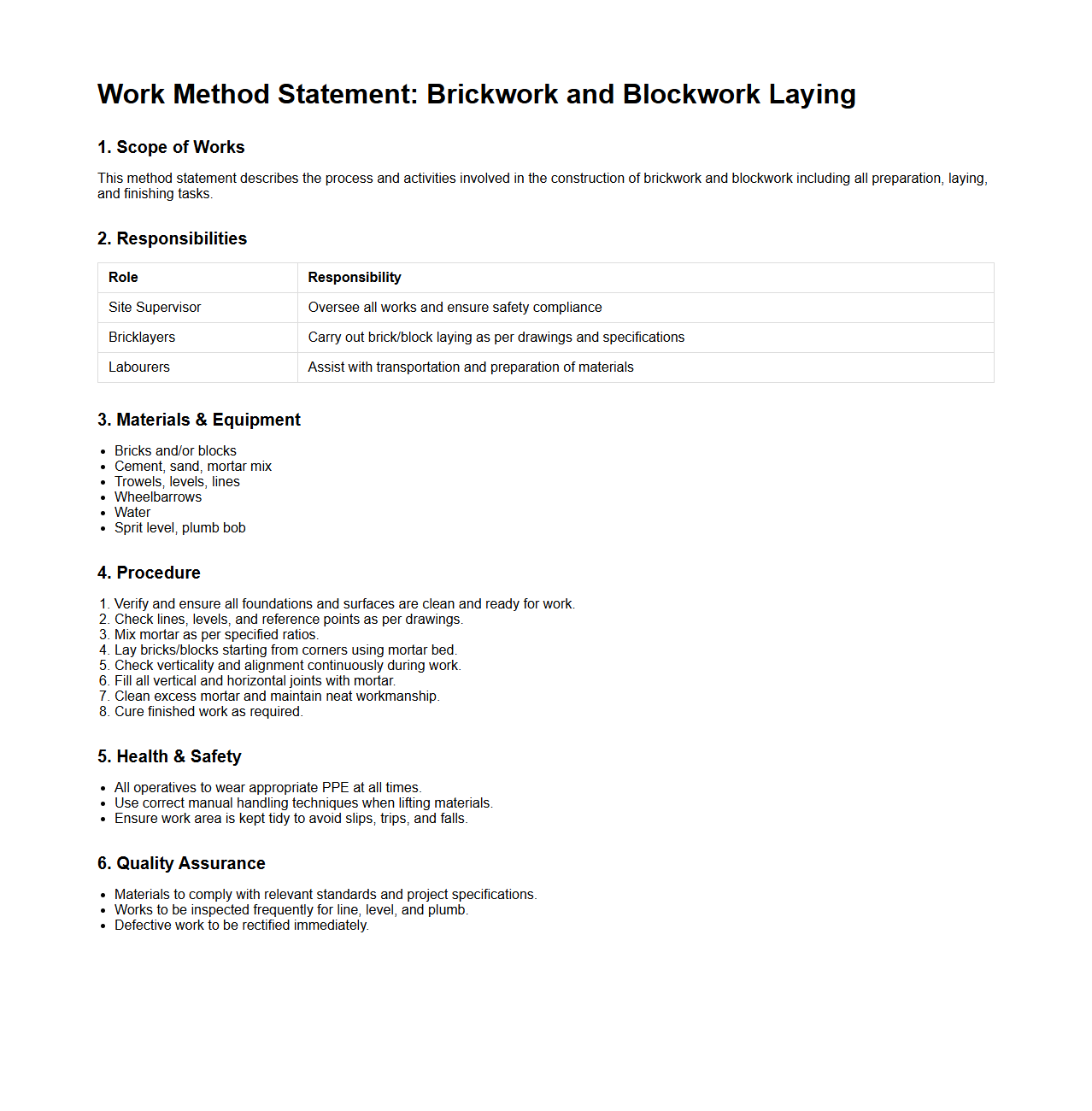 Work Method Statement for Brickwork and Blockwork Laying