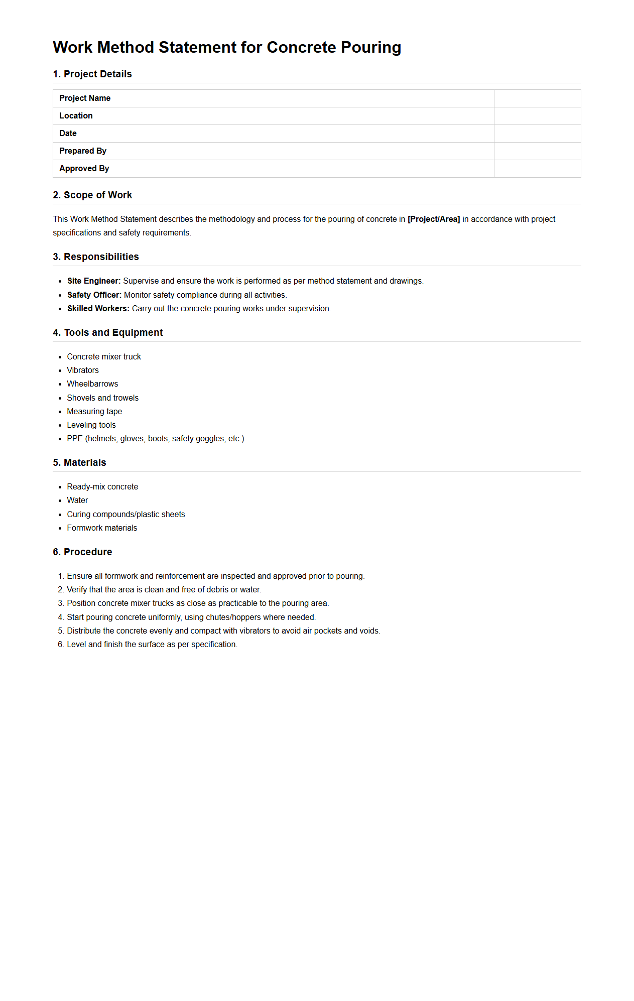 Work Method Statement for Concrete Pouring in Construction