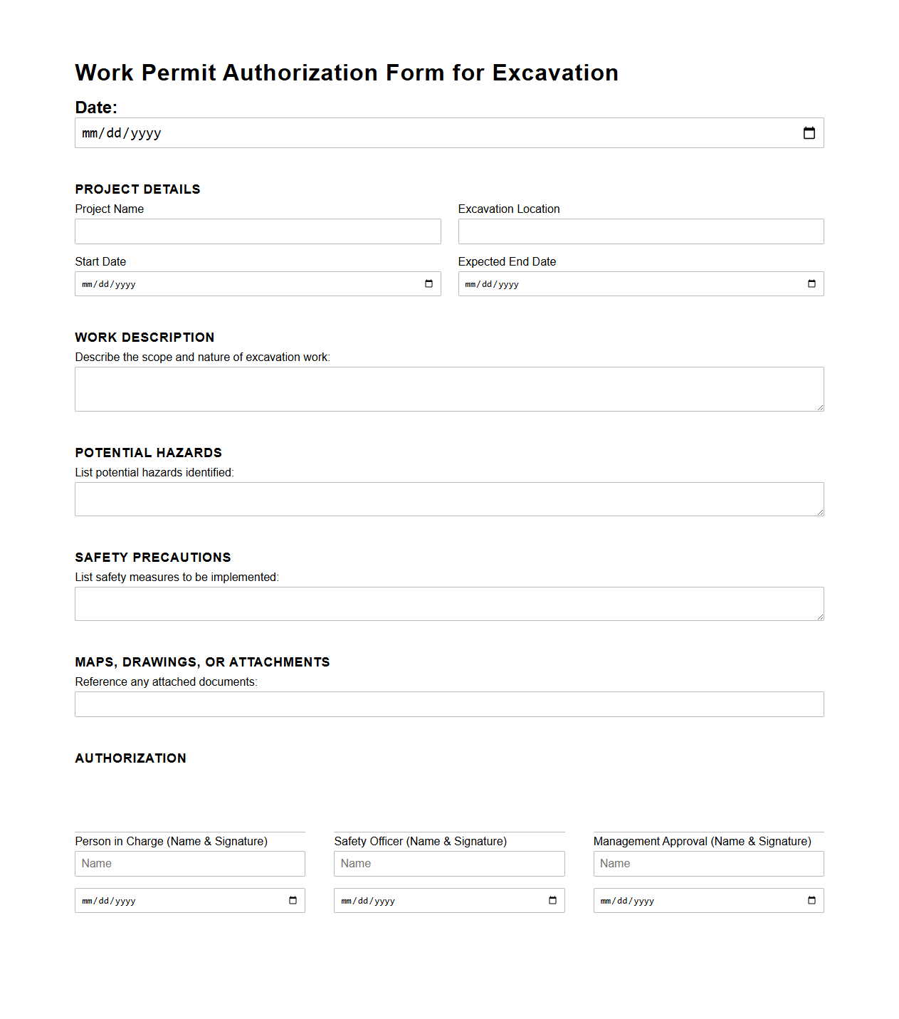 Work Permit Authorization Form for Excavation