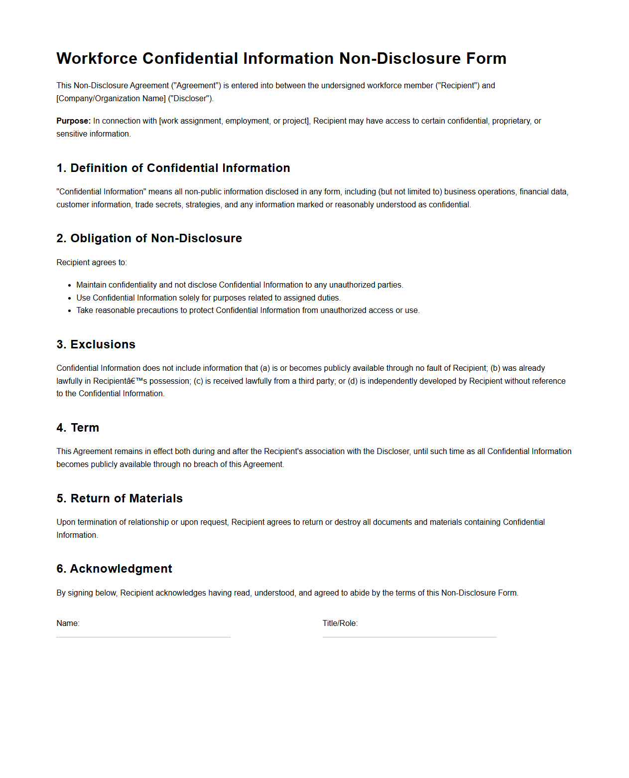 Workforce Confidential Information Non-Disclosure Form