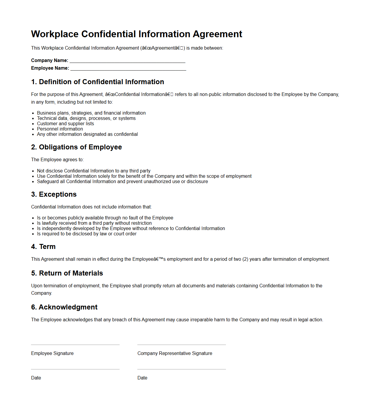 Workplace Confidential Information Agreement Sample
