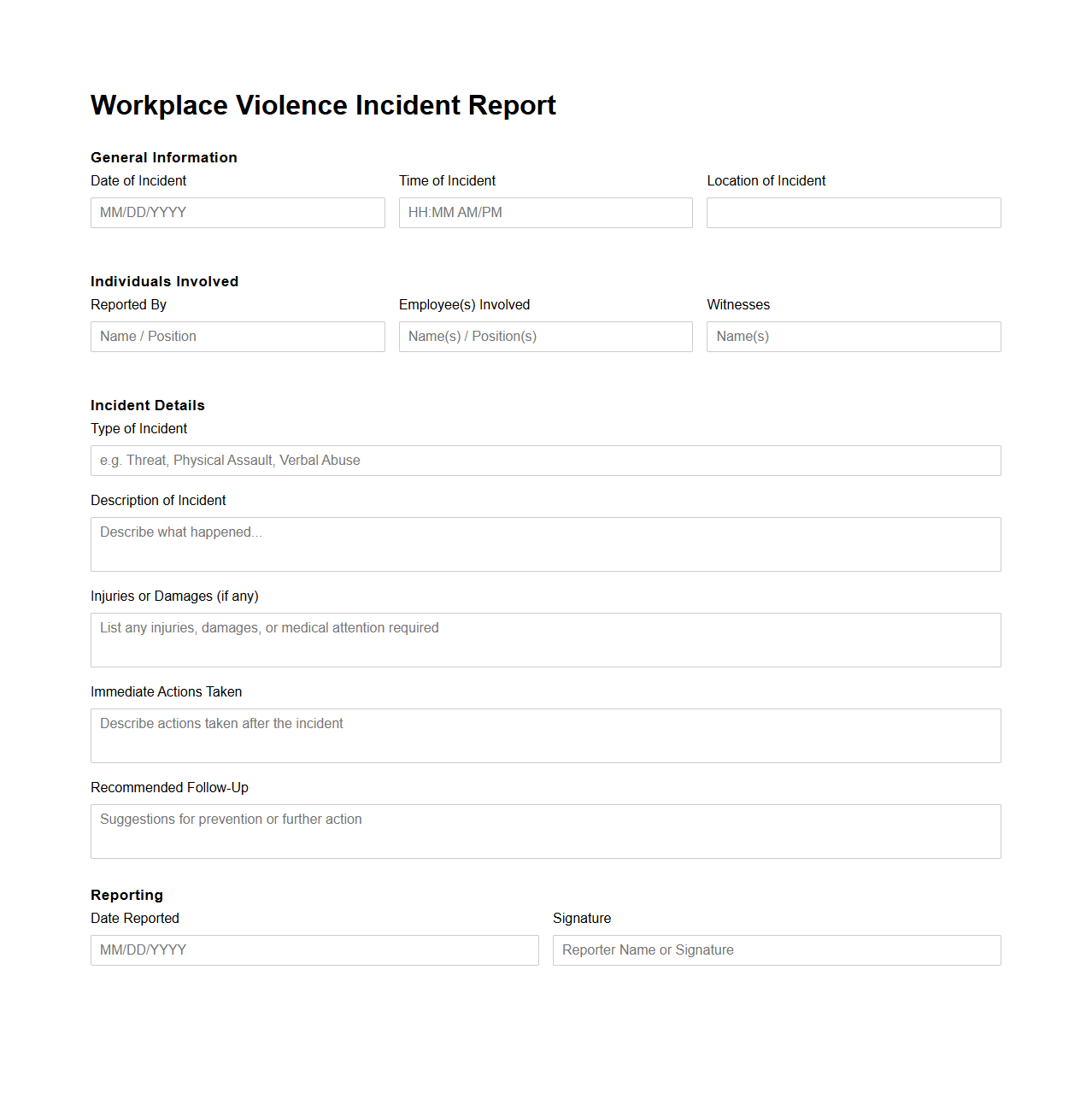Workplace Violence Incident Report Sample