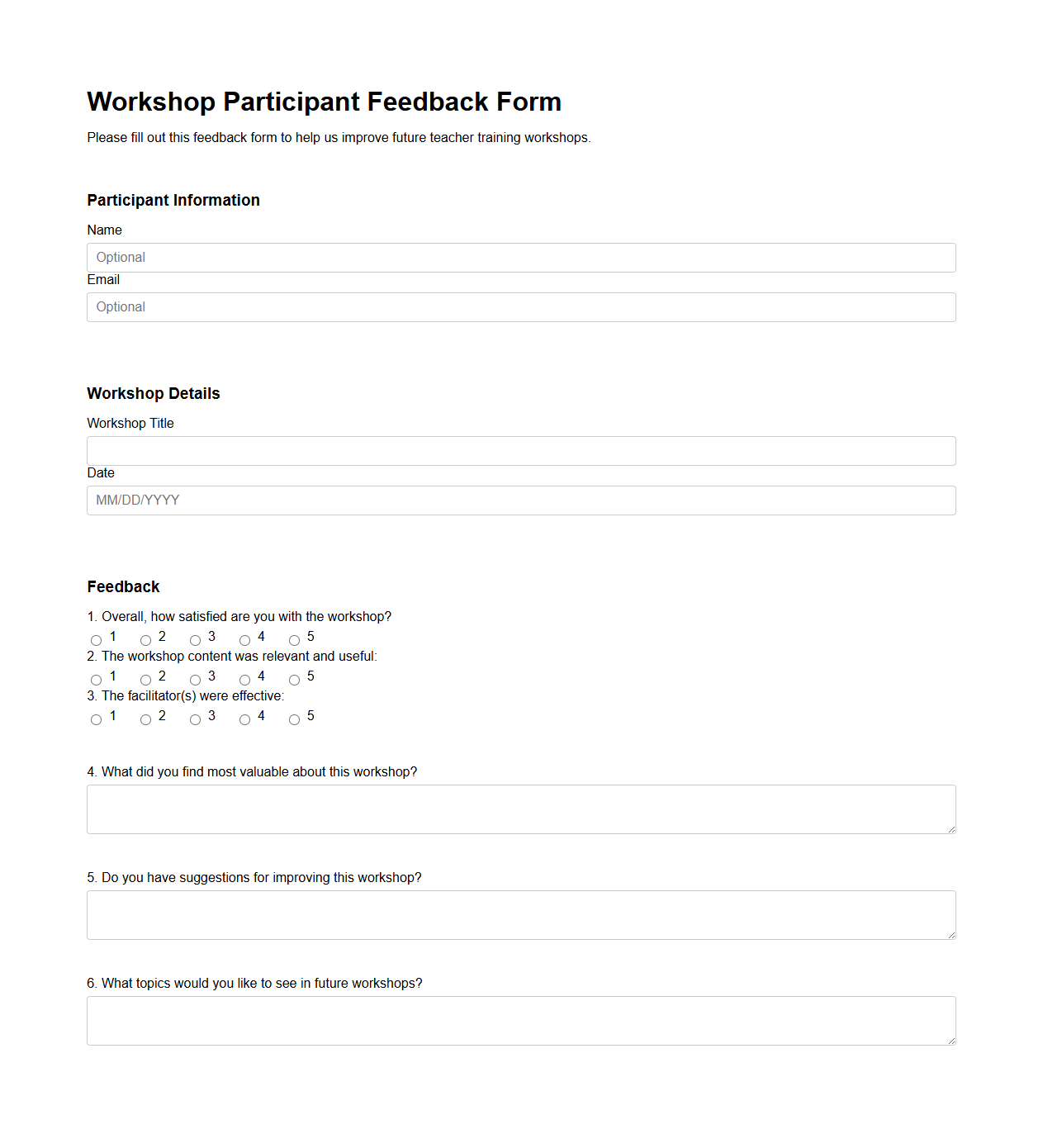 Workshop Participant Feedback Form for Teacher Training