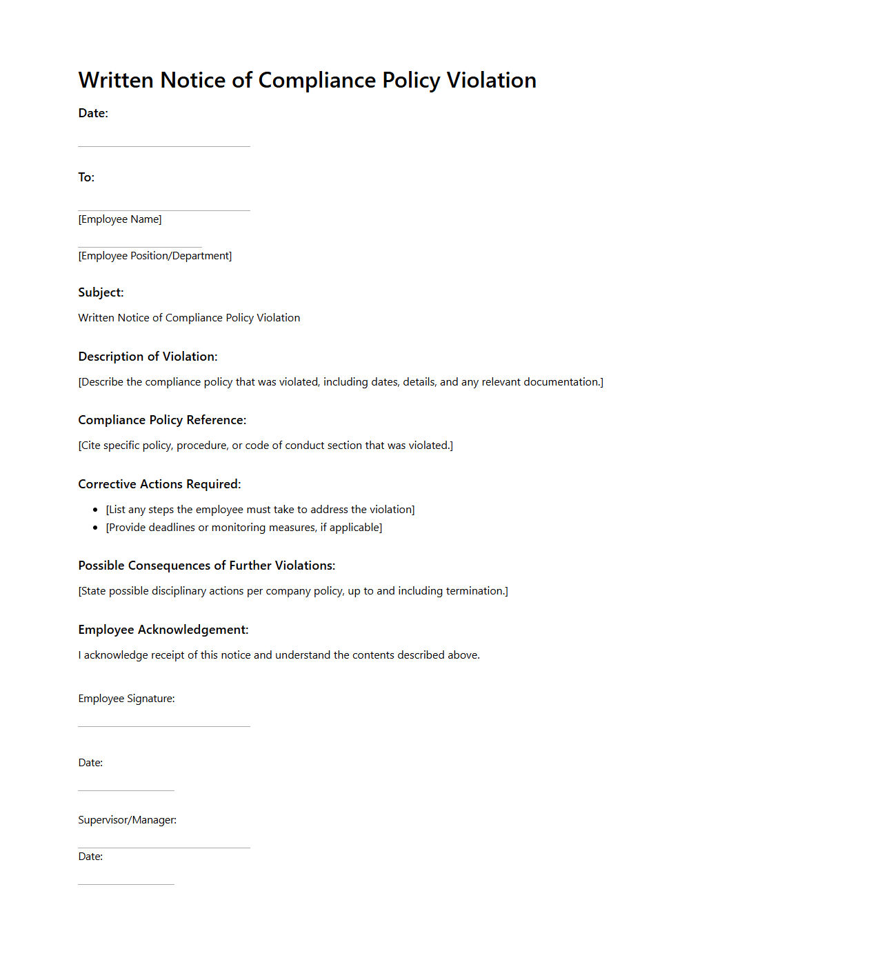 Written Notice for Compliance Policy Violation