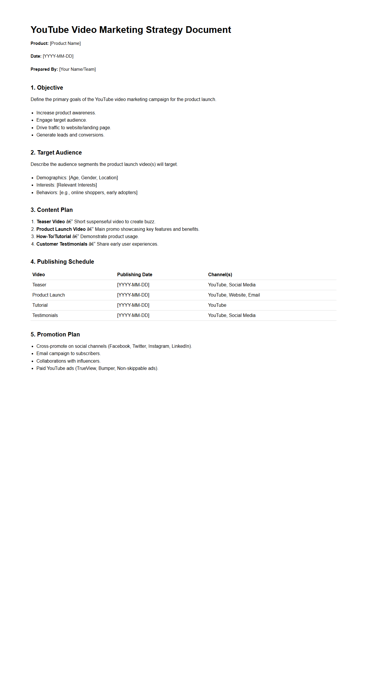 YouTube Video Marketing Strategy Document Sample for Product Launch