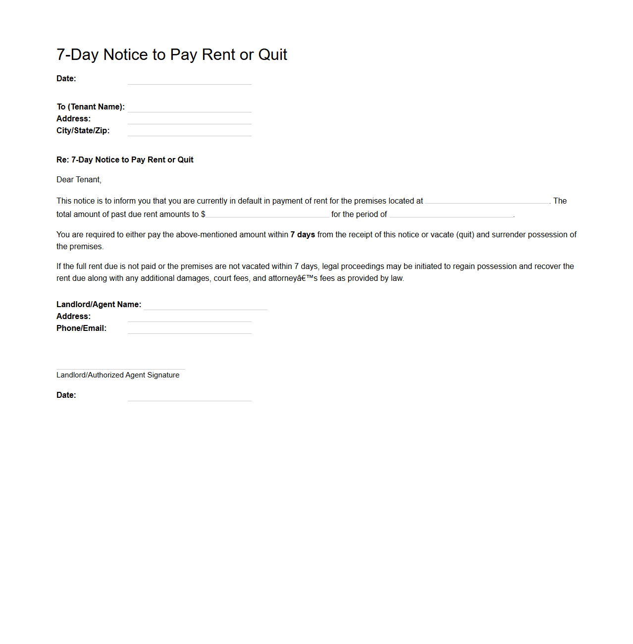 7-Day Notice to Pay Rent or Quit Template