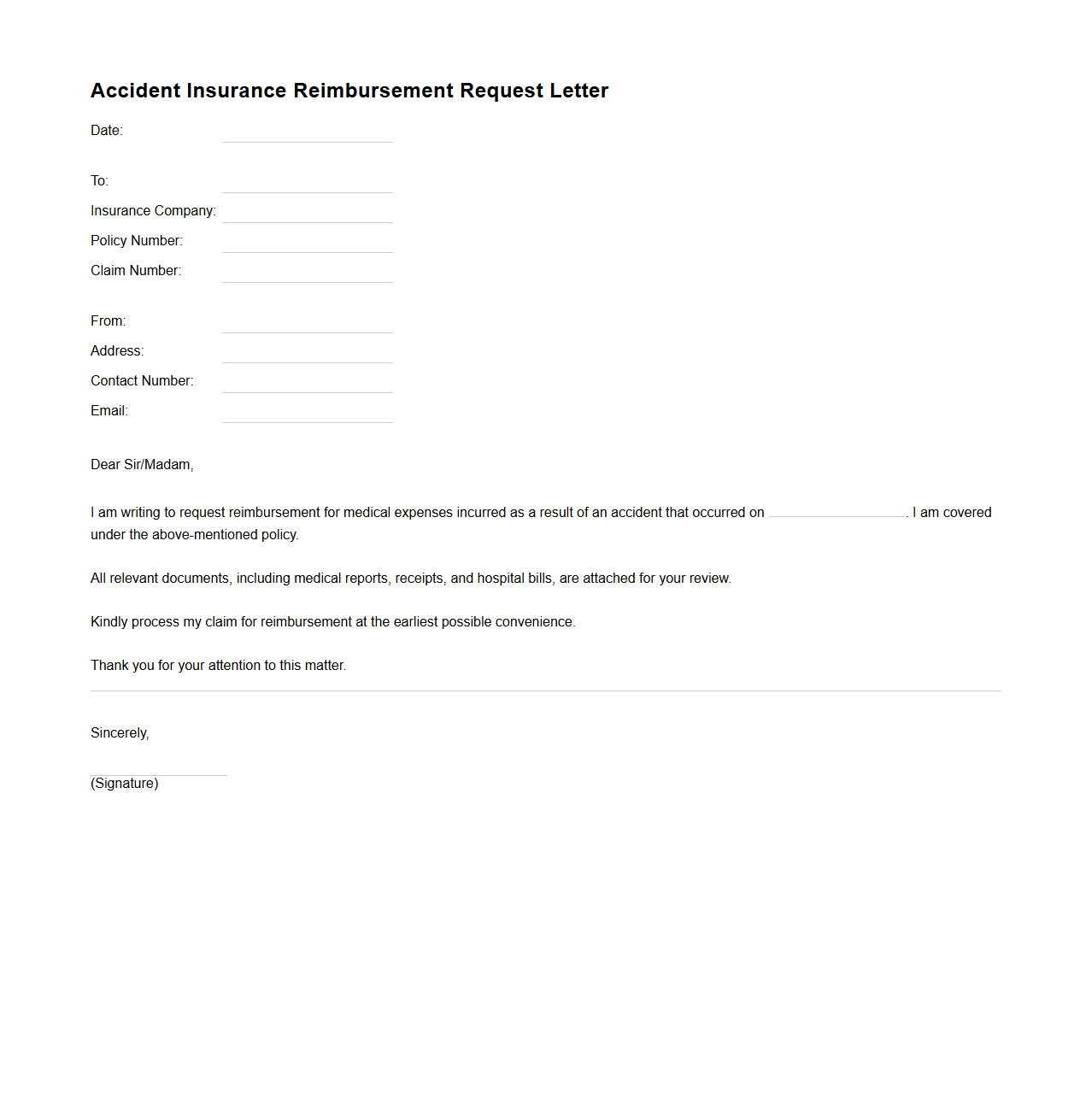 Accident Insurance Reimbursement Request Letter