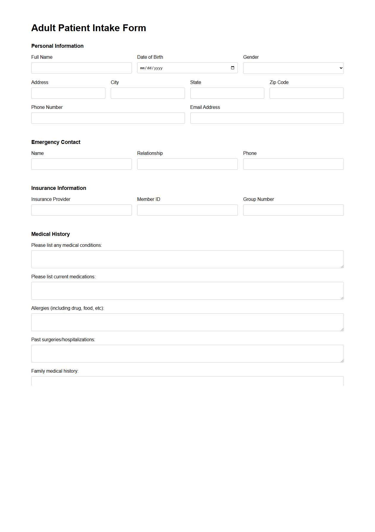 Adult Patient Intake Form Template