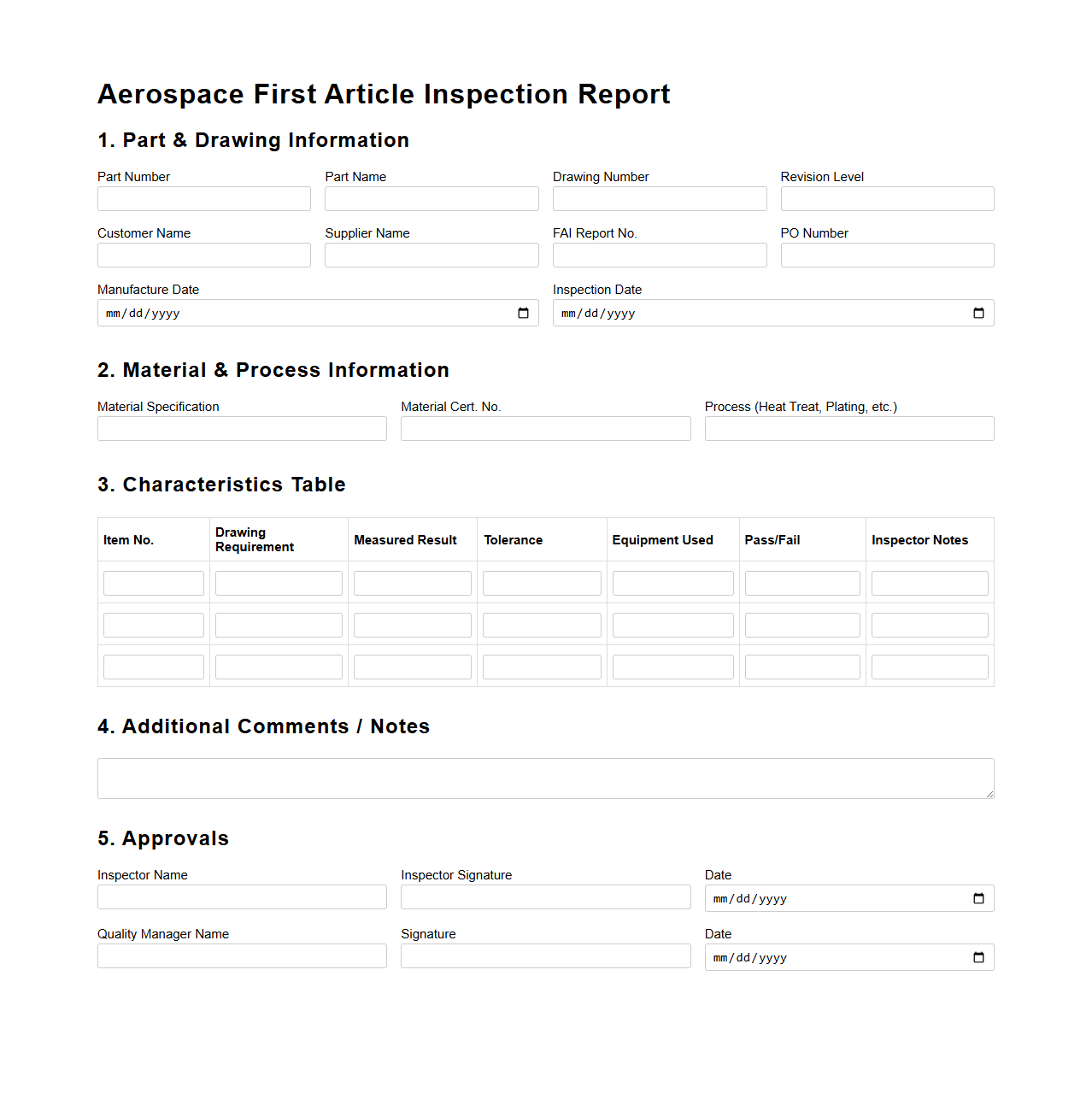 Aerospace First Article Inspection Report Template for New Product