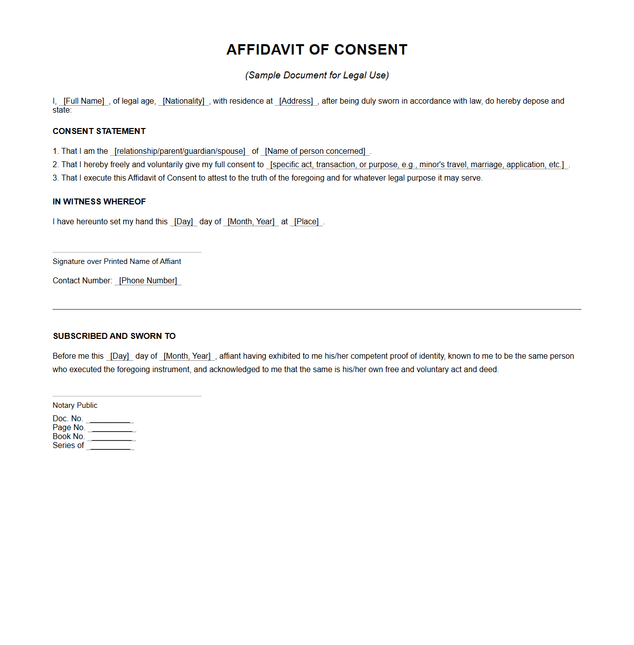 Affidavit of Consent Example for Legal Use