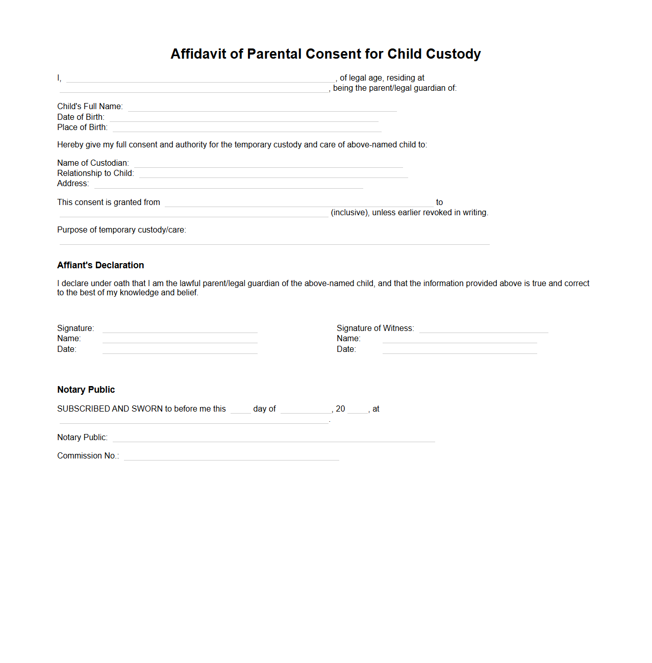 Affidavit of Parental Consent for Child Custody