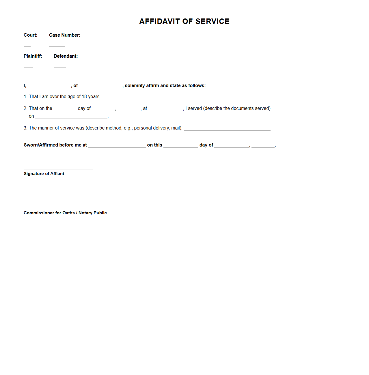Affidavit of Service in Court Litigation