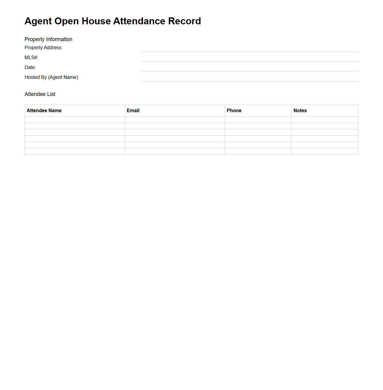 Agent Open House Attendance Record