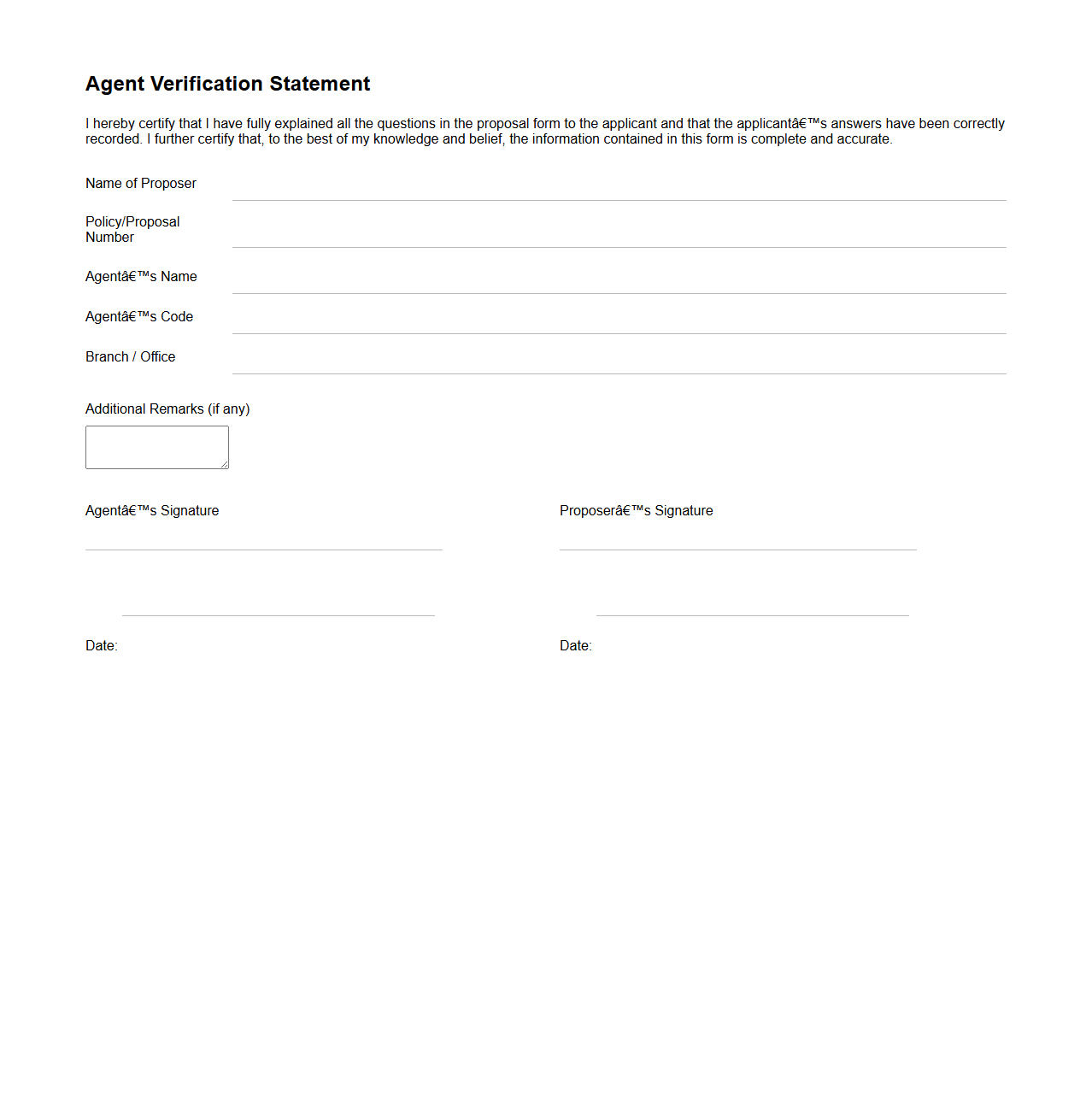 Agent Verification Statement in Life Insurance Proposal