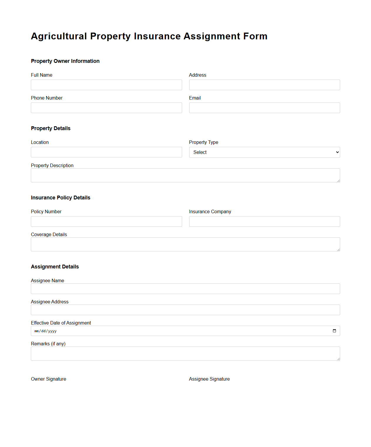 Agricultural Property Insurance Assignment Form