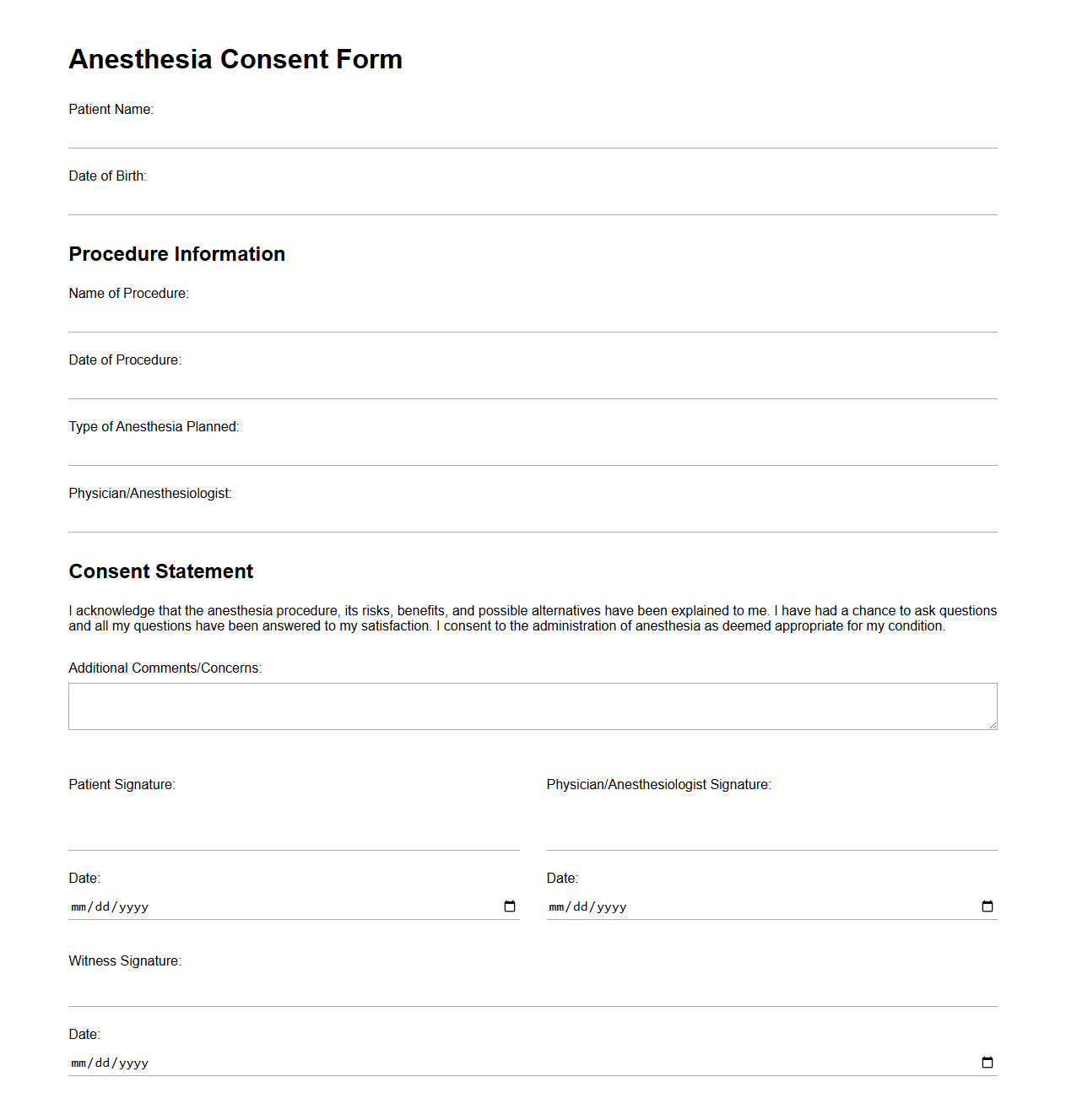 Anesthesia Consent Form Template