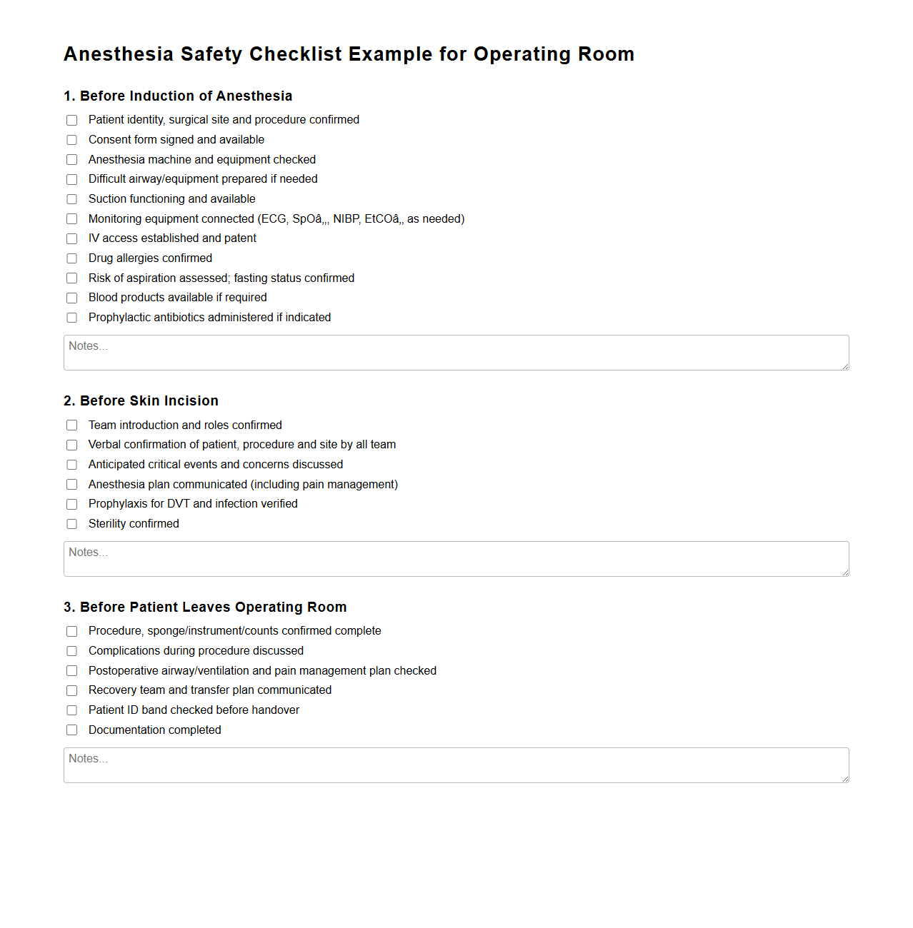 Anesthesia Safety Checklist Example for Operating Room