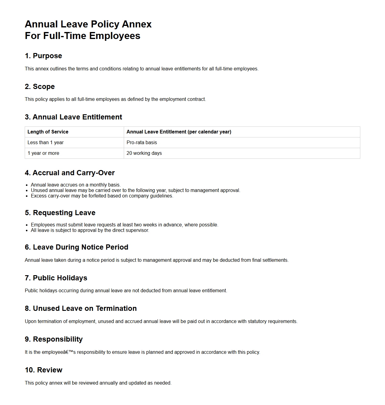Annual Leave Policy Annex for Full-Time Employees