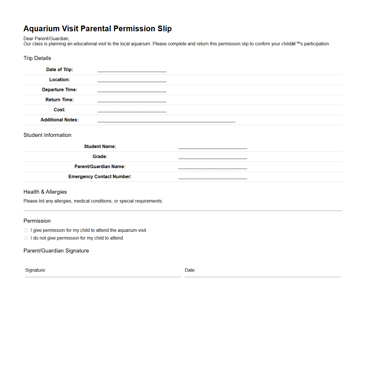 Aquarium Visit Parental Permission Slip Template