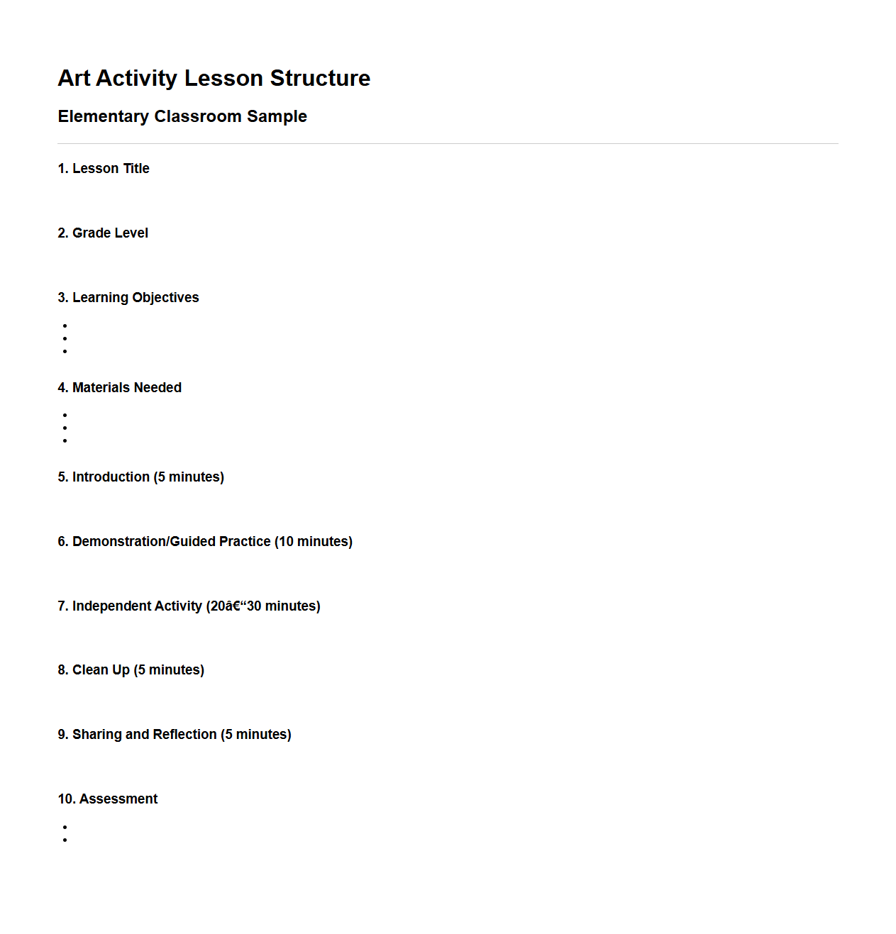 Art Activity Lesson Structure for Elementary Classrooms
