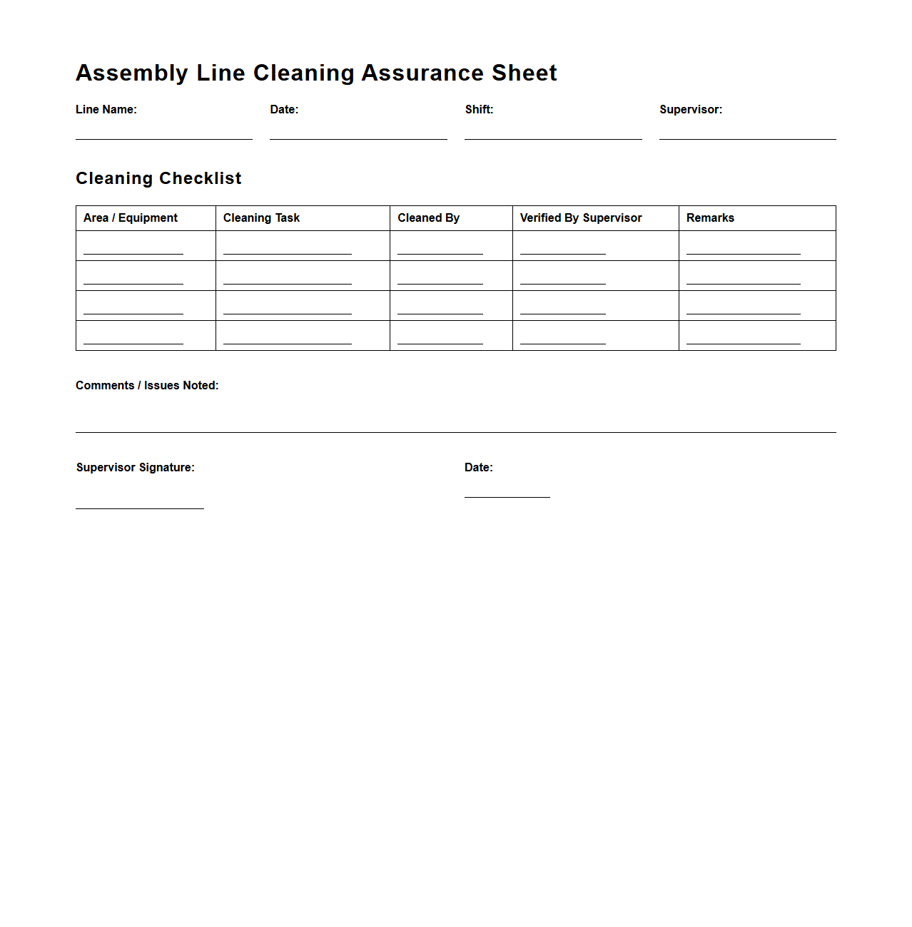 Assembly Line Cleaning Assurance Sheet
