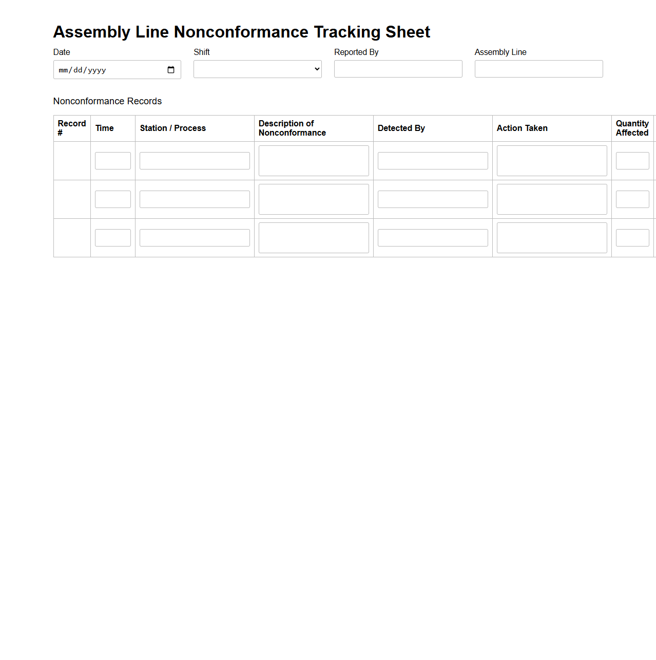 Assembly Line Nonconformance Tracking Sheet