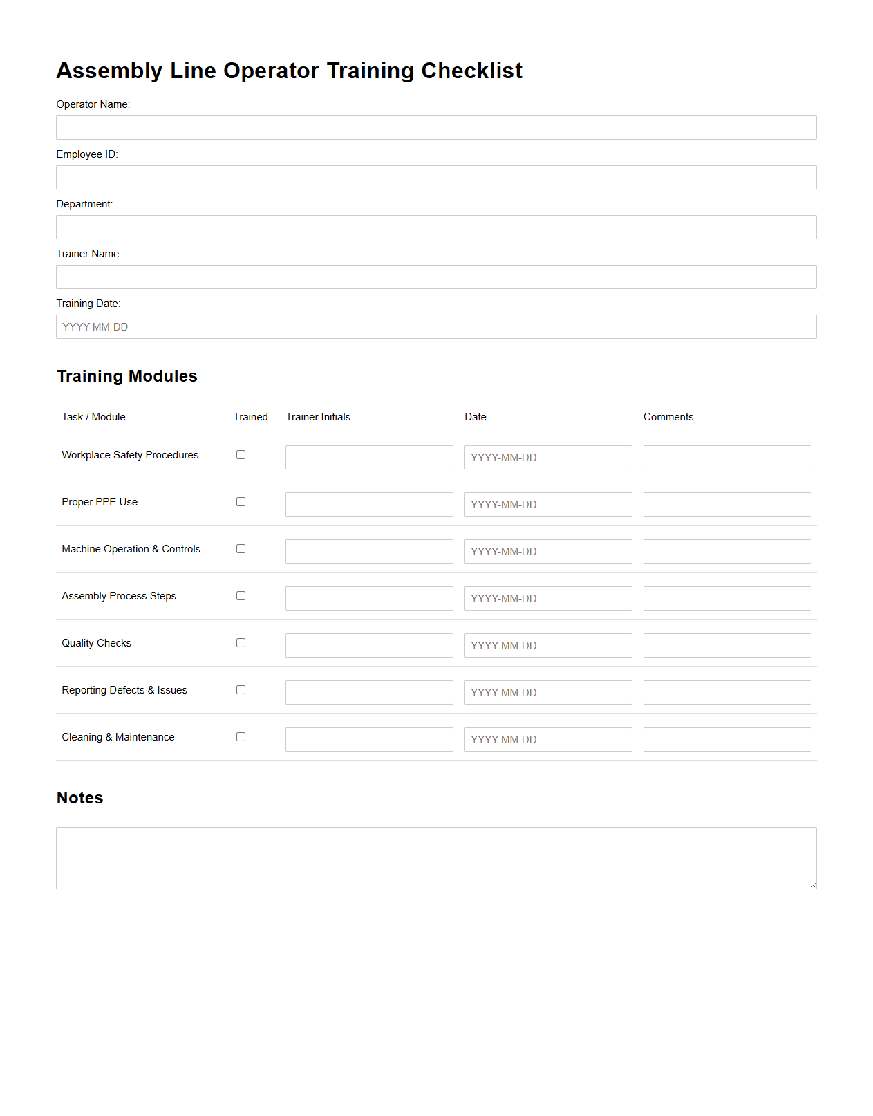 Assembly Line Operator Training Checklist Sample
