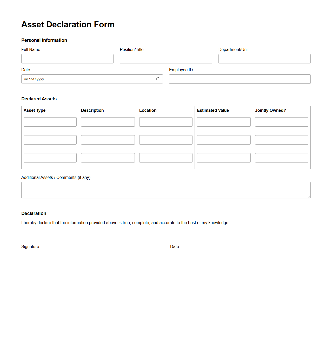 Asset Declaration Form Sample