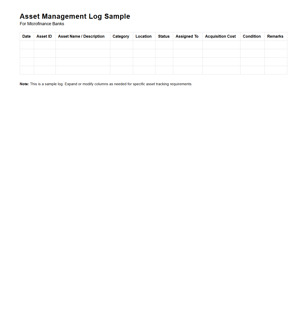 Asset Management Log Sample for Microfinance Banks