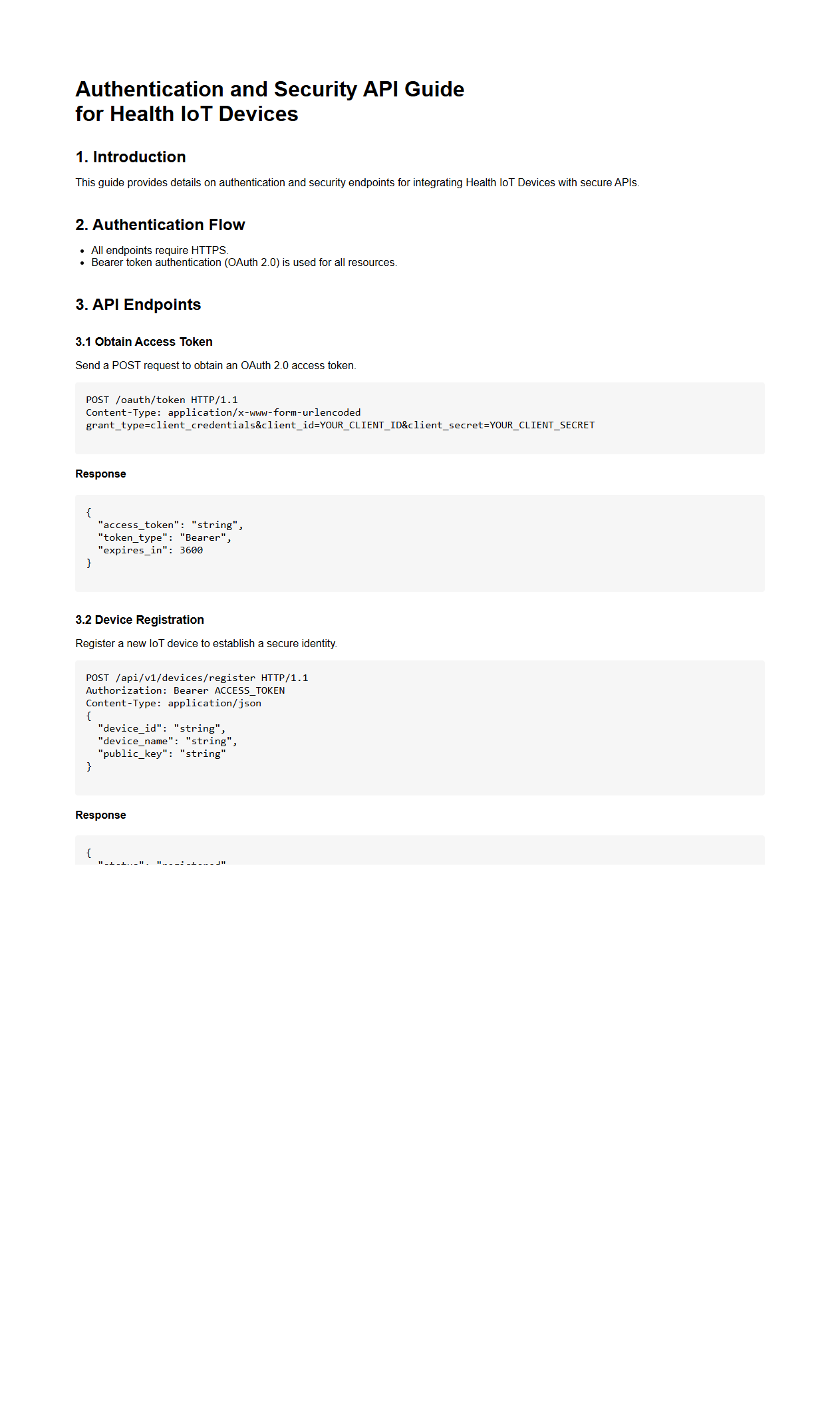 Authentication and Security API Guide for Health IoT Devices