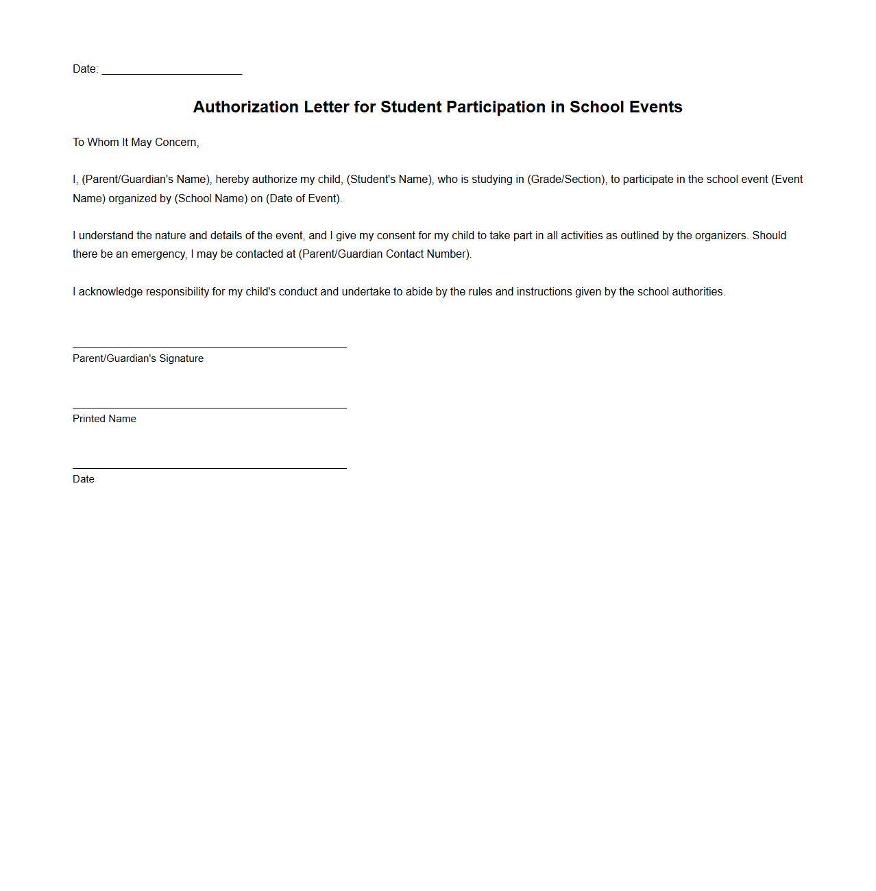Authorization Letter for Student Participation in School Events