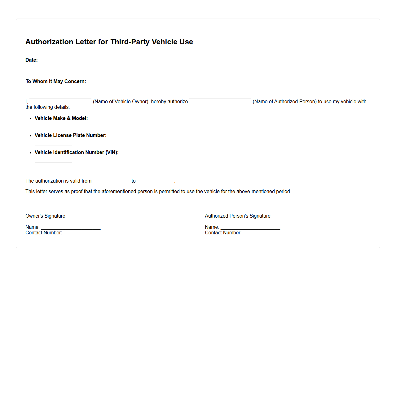Authorization Letter for Third-Party Vehicle Use