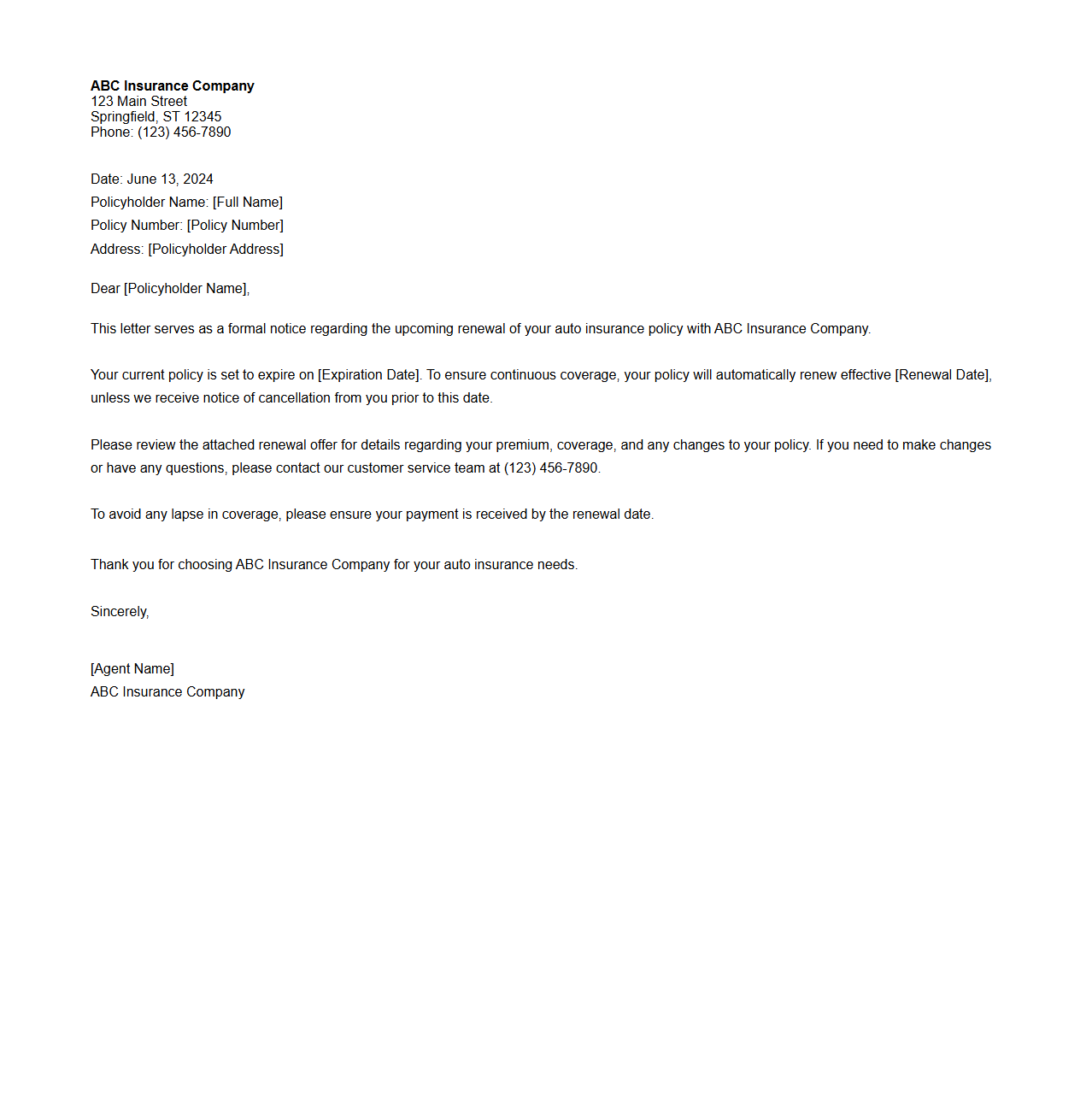 Auto Insurance Renewal Notice Letter Sample